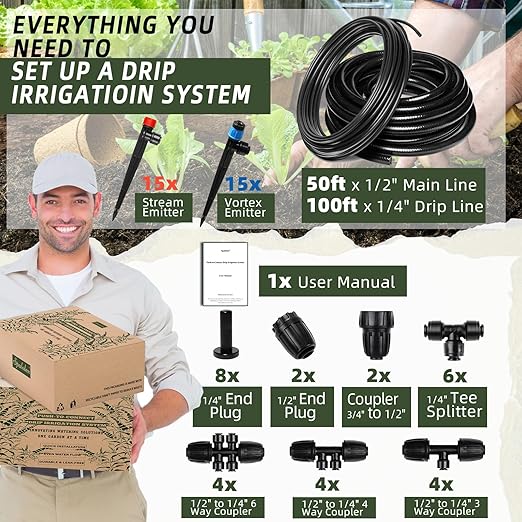Push-to-Connect Drip Irrigation System Adjustable Irrigation System for Garden Raised Bed Automatic Plant Watering System Complete Drip Irrigation Kit with Drip Emitters, Tubing, Connectors