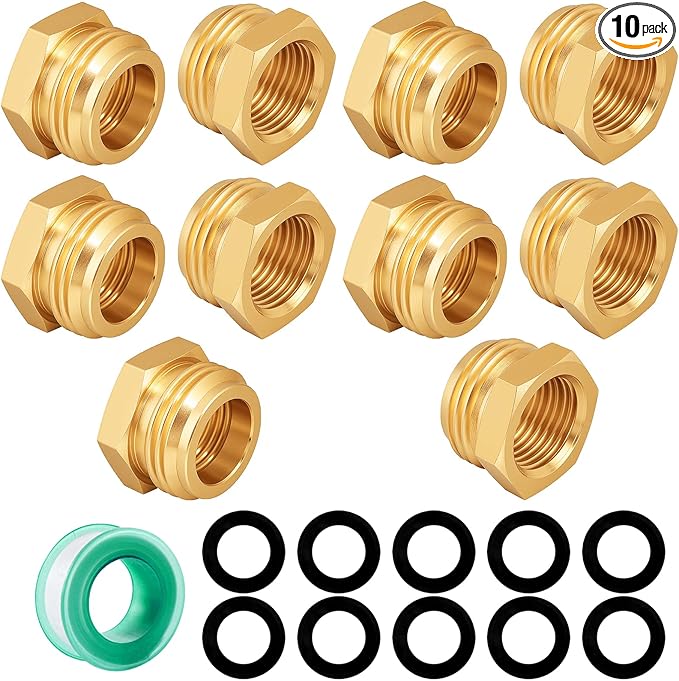 Garden Hose Adapter: Brass 3/4" GHT Male to 1/2" NPT Female Reducer, Leak-Proof Connector (3/4" GHT Male to 1/2" NPT Female, 10-Pack)