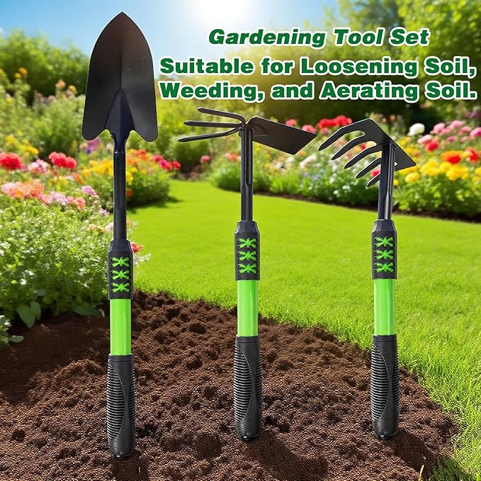 Garden Tool Set, 3Pack Gardening Tools, Stainless Steel Heavy Duty Hand Cultivator, Hoes, Shovel, for Planting Weeding Digging, Green