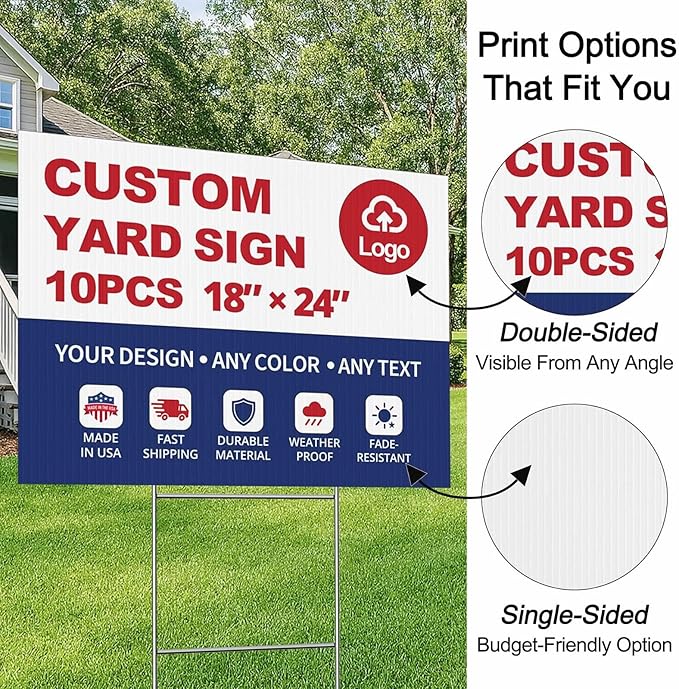 10-Pack Custom Yard Signs with Stakes – 18x24 Personalized Outdoor Directional Signs for Events, Business, and Birthdays – Durable 4mm Weatherproof Corrugated Plastic