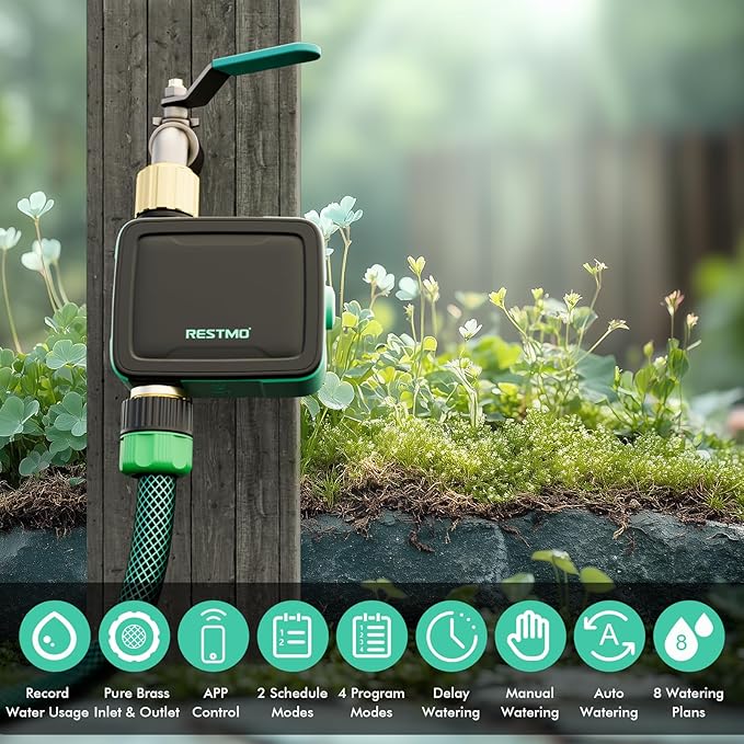 RESTMO Smart Sprinkler Timer with Flow Meter, Water Timer for Garden Hose, Brass Inlet & Outlet, Automatic Lawn & Yard Irrigation Watering System, APP Control (Bluetooth Connection, Not Include Hub)