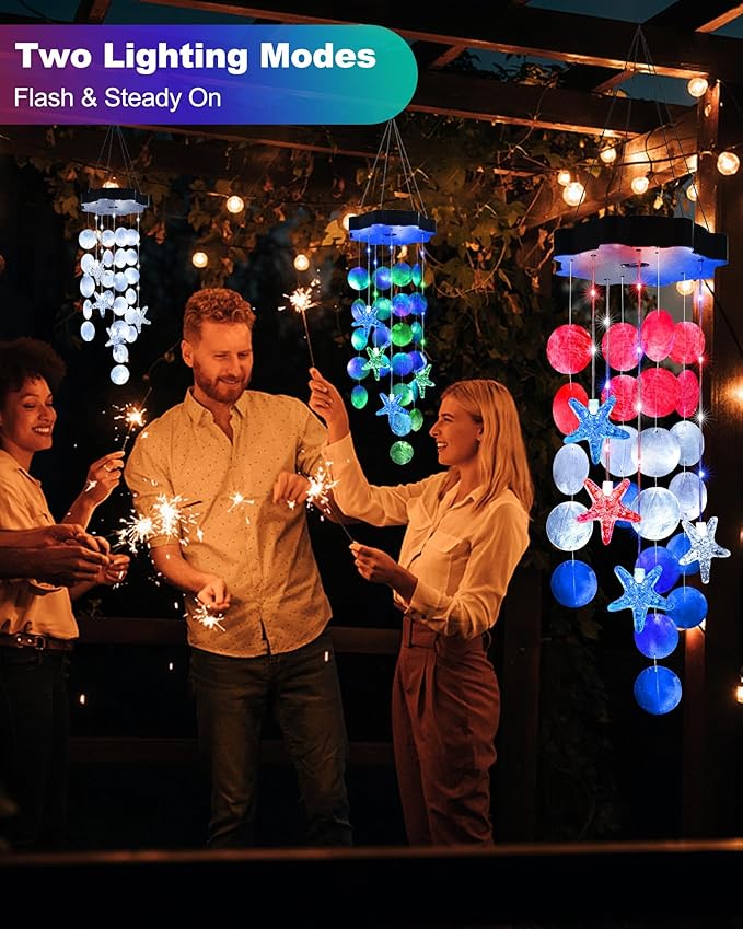 Toodour Solar Decorative Lights Outdoor, Red White Blue Shells Wind Chimes for Garden Porch Yard Window Decor, Gifts for Mom Grandma Women Wife Girls