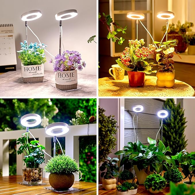 Brightown Plant Grow Light, LED Growing Light for Indoor Plants, 2 Pack 2-Head Adjustable Height Growing Lamp with Timer, 3 Dimmable Brightness Levels, Low Safe Voltage, Perfect for Small Plants