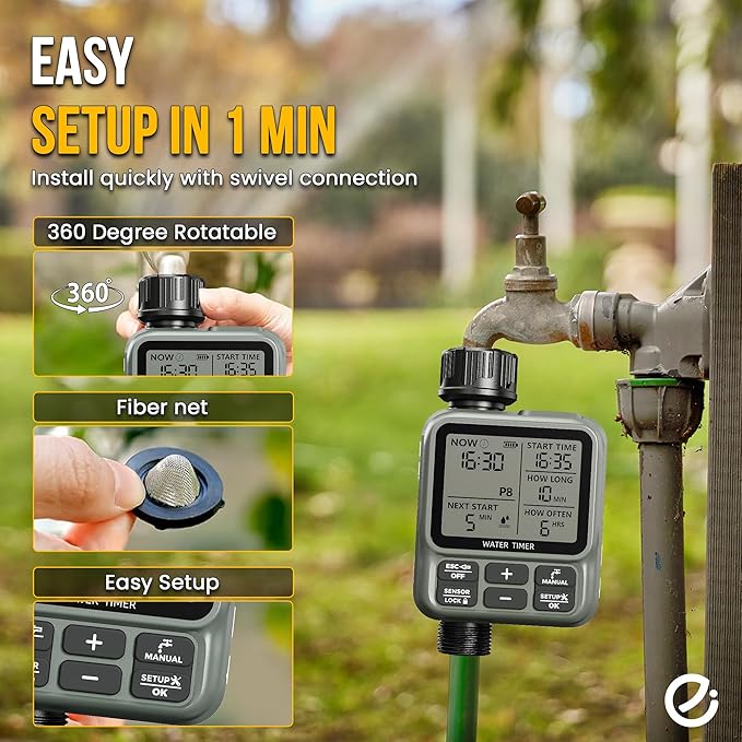 Water Timer for Garden Hose - Large LCD Display, Sprinkler Timer | Programmable Water Hose timer for Automatic Watering System | Irrigation System for Garden, Lawns, Greenhouses, Backyard