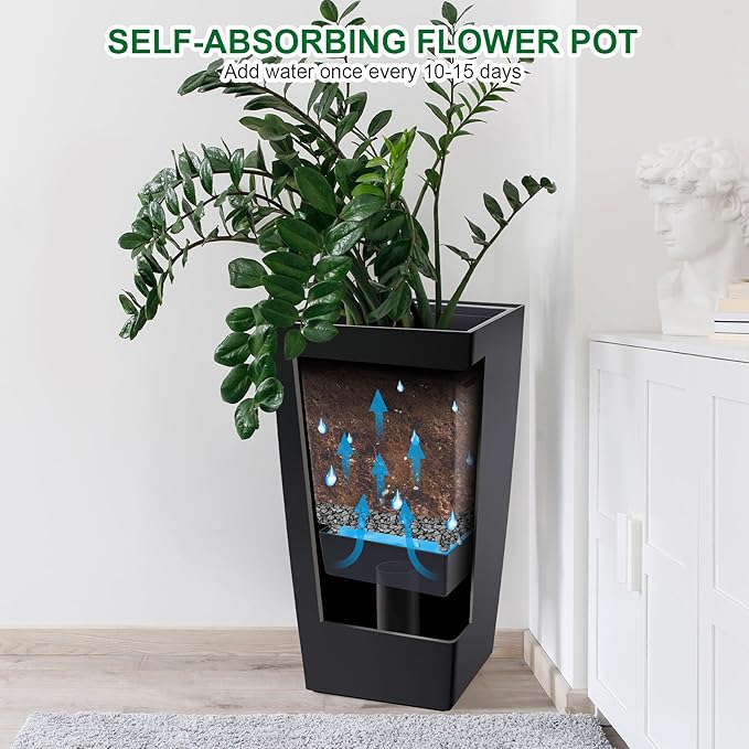 GarveeLife 30 in Tall Planters Set of 2, Outdoor&Indoor Black Planter Pots, High Front Porch Planter Pots With Drainage Holes&Water Level Monitor Movable Wheels &Inner Bucket, Automatic Watering,Black