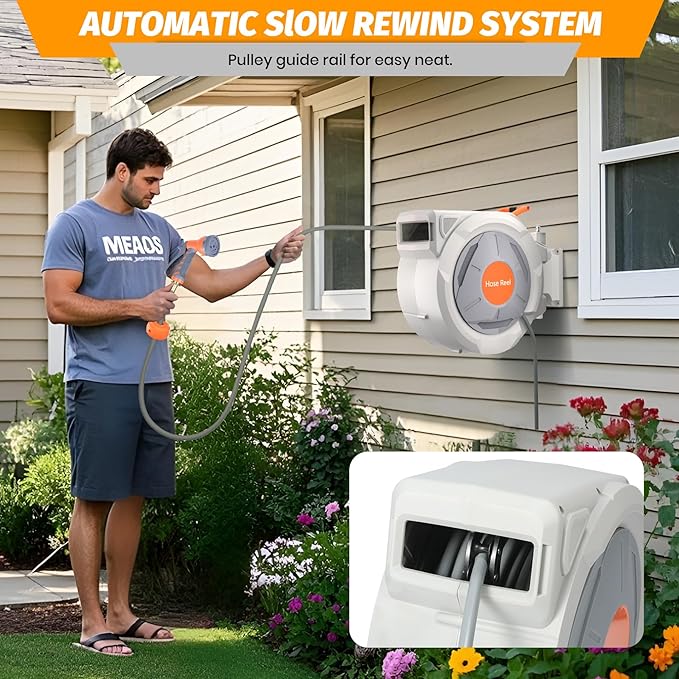 GarveeLife Retractable Garden Hose Reel 5/8 in x 65 Ft, Wall Mounted Garden Hose Reel, with 9 Function Sprayer Nozzle, Any Length Lock, Lock/Automatic Slow Return System, 180° Swivel Bracket(Grey)