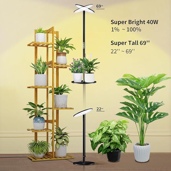 chiphy Grow Lights, Full Spectrum Plant Light for Indoor Plants, 4/8/12H Timer, 40W All Metal Floor Grow Lamp, 10 Dimmable Brightness, 69" Tall with Tray, Remote Control, Ideal for Large Tall Plants
