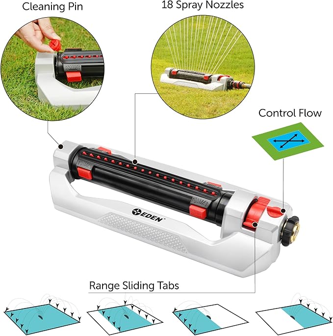 Eden 94095 Heavy Duty Turbo Oscillating Sprinkler, Covers Up to 4,000 sq. ft., 18 Precision Nozzles, Weighted Aluminum Base, Adjustable Range, Flow Control, Width Adjustment Tabs, Quick Connect Bundle