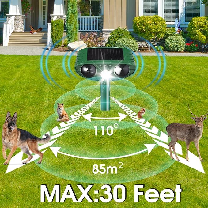 2 Pack Solar Animal Repeller Outdoor, Cat Deterrent with Ultrasonic & Flashing LED - Night Time Motion Activated Pest Control for Garden Yard to Repel Cats, Raccoons, Deer, Skunks, Squirrels
