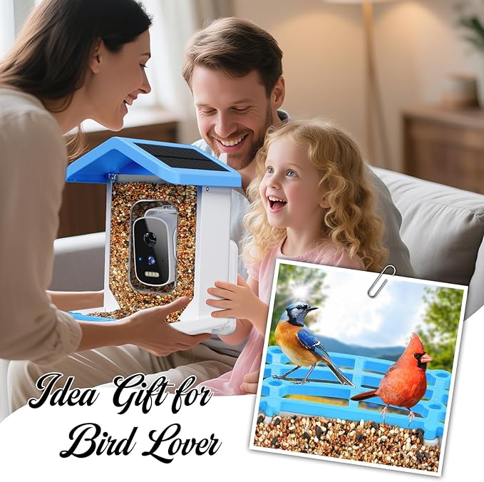 Smart Bird Feeder with Camera, AI Bird Species Identification Solar Powered Panel, 2.5k HD Video Bird House with Camera for Outside Garden, Ideal Gifts for Lover, Blue