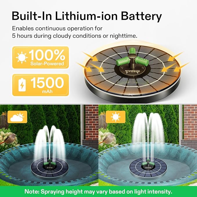 VIVOSUN Solar Fountain, 4W Solar Water Fountain with Upgraded Glass Panel, Built-in Battery, 7 Nozzles, Colored LED Lights, Outdoor Solar Fountain Pump for Bird Bath, Pond, Pool, Fish Tank, Garden