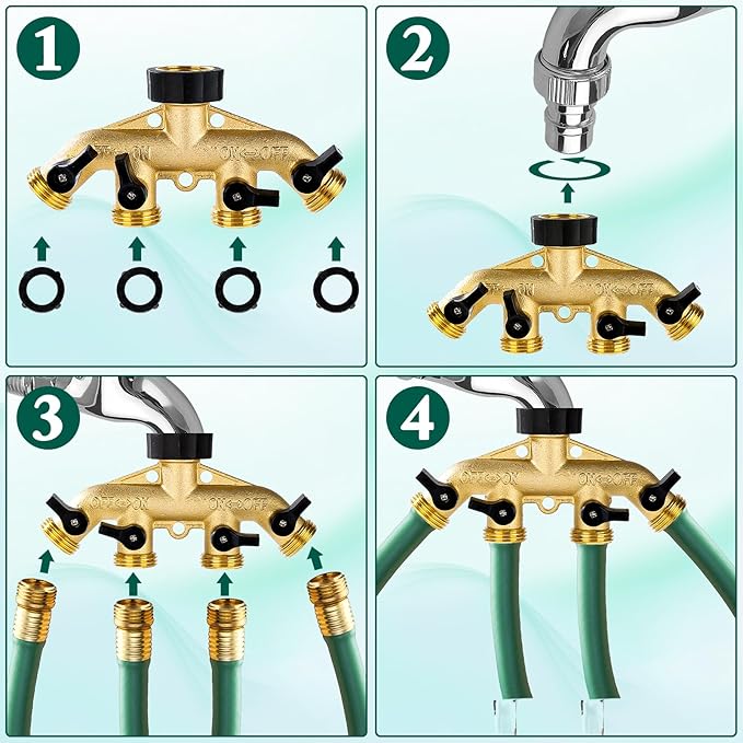 Dalmbox Garden Hose Splitter 4 Way, Water Hose Splitter, 3/4" Heavy-Duty Brass Garden Hose Splitter, Includes 9 Rubber Washers & Teflon Tape(2 pack)