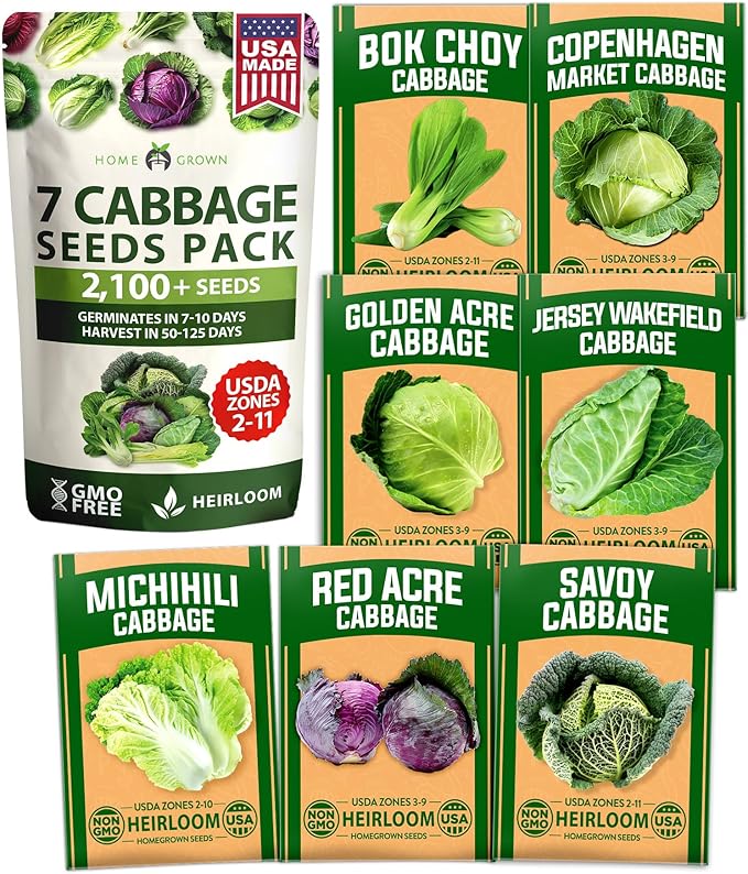 HOME GROWN 7 Cabbage Seeds for Planting - 2000+ Heirloom π‘π’π‘-ππ π’ π¨π¦π Seeds - Golden Acre,BokChoy,Savoy,Michihili, Red Acre, Copenhagen Market,Jersey Wakefield - Vegetable Seeds for Planting