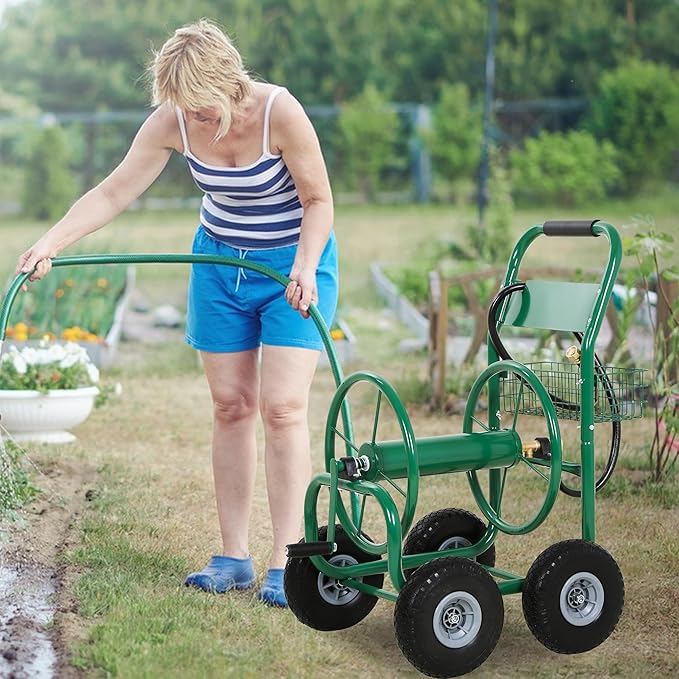 Hose Reel Hold Up To 300 Ft Heavy Duty Garden Hose Reel Sturdy Water Hose Reel Cart with 4 Wheels Storage Basket for Garden Lawn Yard Outdoor (Green)