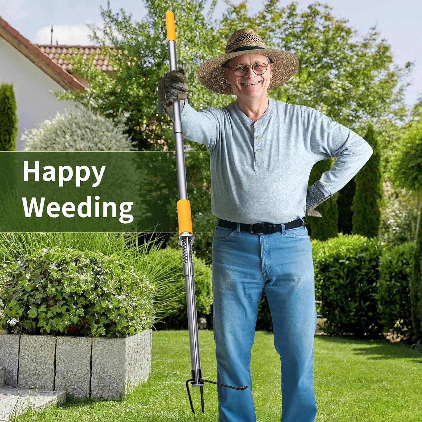 Metal Manual Weeder-48 Stand Up Weed Puller Tool with Steel Push Handle - Made with All Steel & 4-Claw Steel Head-Easily Remove Weeds in Garden Yard Lawn Without Bending Or Kneeling