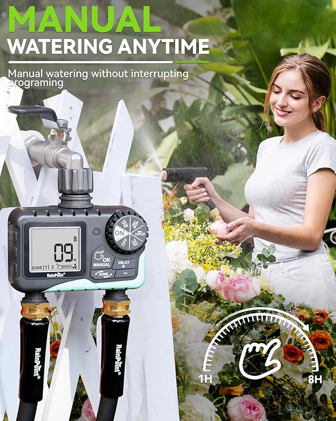 RAINPOINT Water Timer for Garden Hose - 2 Zone Sprinkler Timer with Rain Delay/Manual Watering/Automatic Irrigation for Yard Lawn