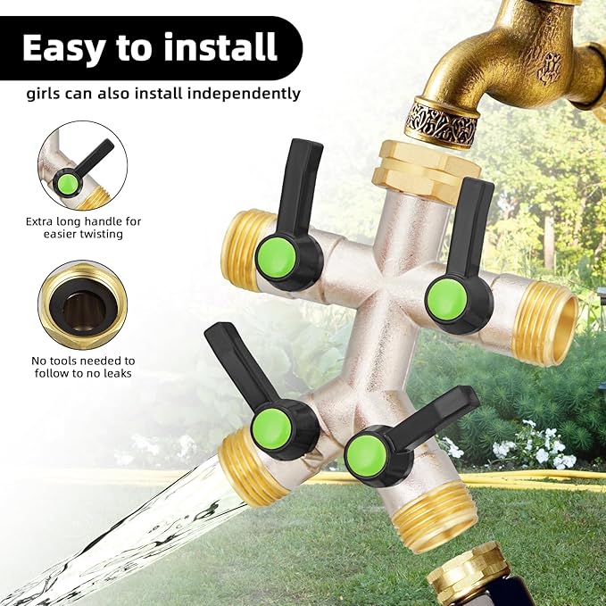 EJW 4 Way Hose Splitter, Heavy Duty Brass Garden Hose Splitter, outdoor faucet Divider 3/4" GHT Thread, Water Hose Splitters,Garden High Flow Hose Splitter,Garden Hose Adapter Connector.