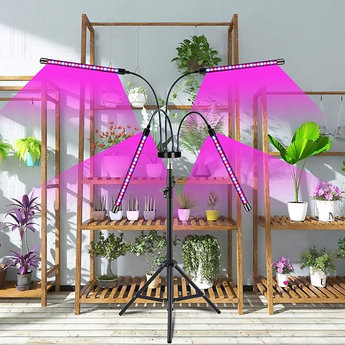 Grow Lights with Stand,4 Goosenecks Floor Plant Light for Indoor Plants,10 Dimmable Levels & Auto On/Off Timer (3/9/12H Timer), Tripod Stand Plant Lamp Height Adjustable,Red and Blue Light.