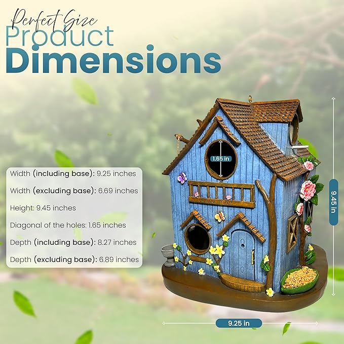Enchanted Forest Outdoor Birdhouse for Hanging - Deluxe Multi-Family Design, Multiple 1.65" Entrance Holes, Swing Perch, Seed Tray, Water Dish, Butterfly & Flower Accents, Weather Resistant Resin