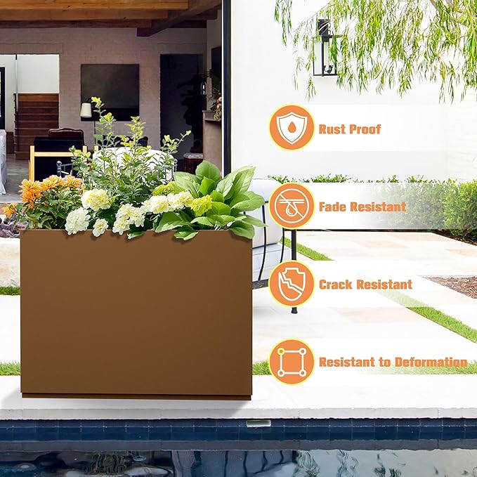 Large Rectangle Planter Metal Brown Planter Box with a Drainage Hole and a Removable Divider Indoor Outdoor Porch Pots for Tall Plants, Trees, Flowers 35.43" x 9.06" x 25.59" Brown