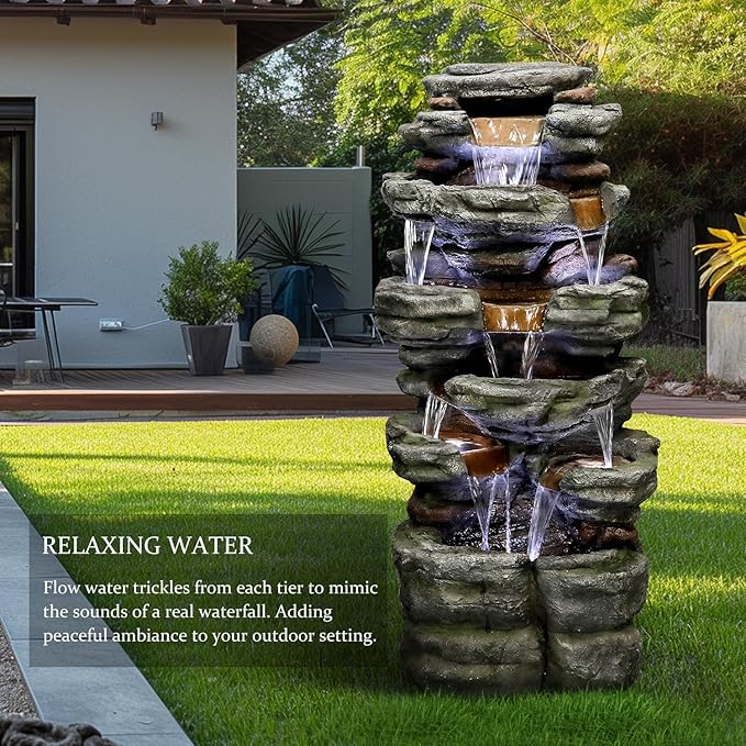 SunJet 47.2" High 6-Tiers Cascading Rock Outdoor Water Fountain with LED Lights - Large Outdoor Fountains and Waterfalls for Garden or Patio, Yard, and Deck Decor, Featuring Natural Stone Look