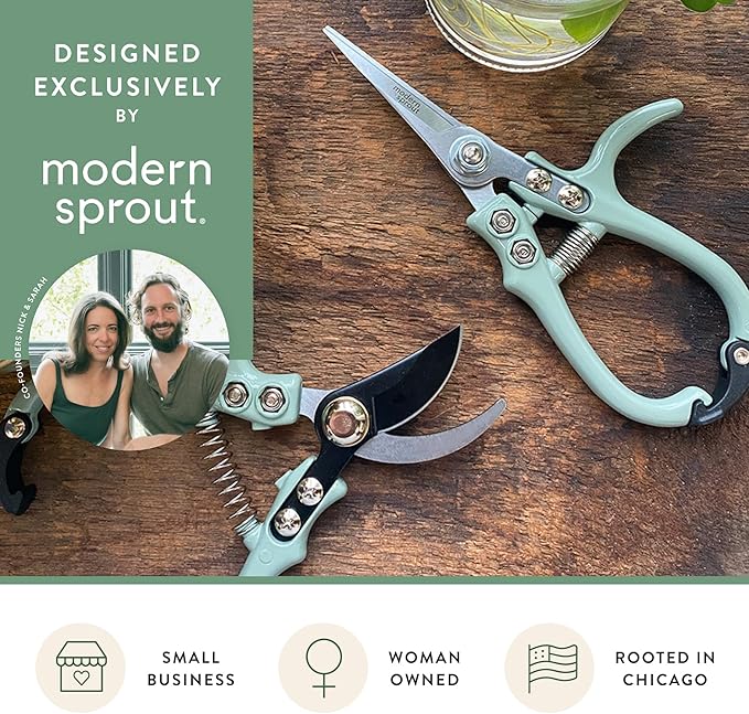 Modern Sprout Hand Pruners & Shears Set - Lightweight Gardening Tools W/Easy Lock - Sharp Carbon Steel Blades -Rust Resistant Scissors for Herbs, Flowers - Reusable Holster - Lavender