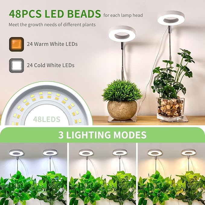 Brightown Plant Grow Light, LED Growing Light for Indoor Plants, 2 Pack 2-Head Adjustable Height Growing Lamp with Timer, 3 Dimmable Brightness Levels, Low Safe Voltage, Perfect for Small Plants