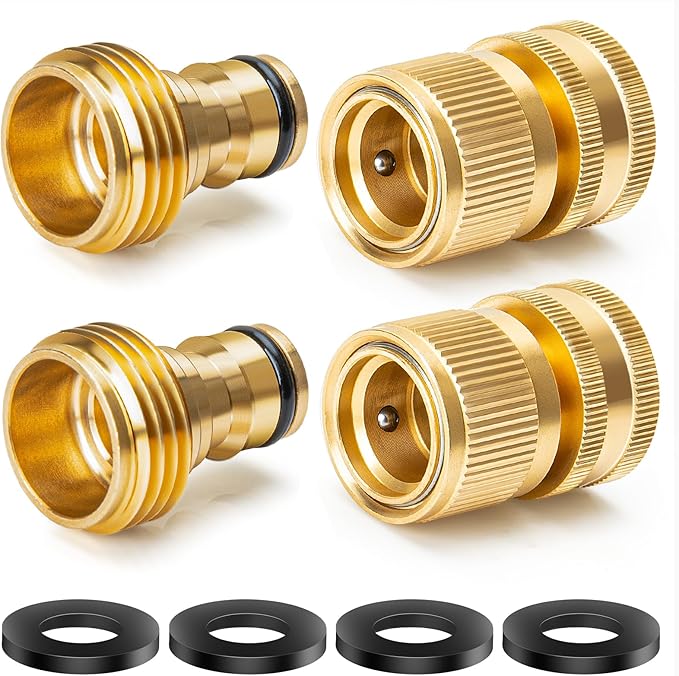 Garden Hose Quick Connect, Brass Hose Quick Connect fittinging, 3/4 Inch Heavy Duty Hose Connector, Leak-Proof, Easy to Install, Compatible with Standard Garden Hoses (2 Pack)