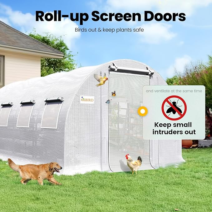 KING BIRD Premium 20x10x6.6FT Greenhouse for Outdoors, Large Walk-in Upgraded Galvanized Metal Frame, Mesh Door Screen Window Improved Zipper Tunnel Hoop for Garden Plant Winter, 2 Stiffeners, White