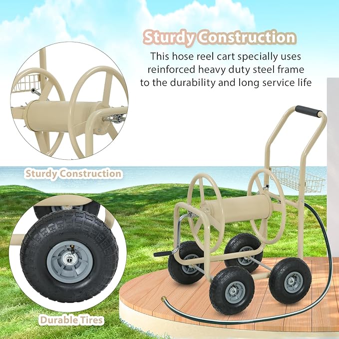 Garden Hose Reel Cart with Wheels Garden Lawn Water Truck Water Planting Cart Heavy Duty Outdoor Yard Water Planting Holds 300-Feet of 5/8-Inch Hose with Storage Basket, Tan