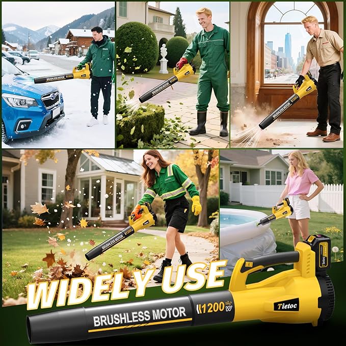 Tietoc Leaf Blower Cordless, 1200W Brushless Electric Leaf Blower with 2 X 5.0Ah Battery, 6 Speed Powerful Leaf Blowers for Garden, Patio, Lawn Care, Gift for Men Dad Husband Fathers Gardener