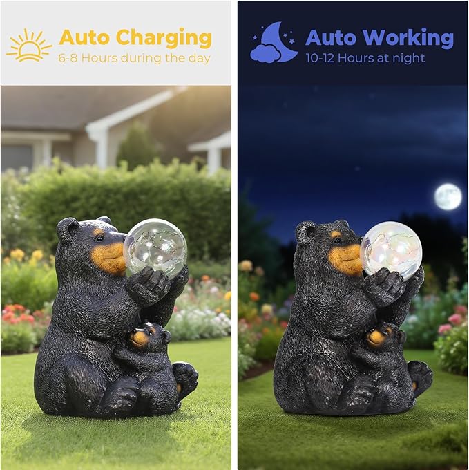 Solar Garden Statues Loving Bear Figurine with Ballon Lights for Outside, Yard Decorations Outdoor, Garden Decor Unique Birthday Housewarming Gifts for Mom, Women