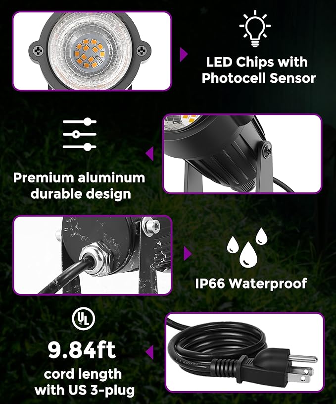 LOHAS Landscape Purple Light, Spot Lights Outdoor, 10W Dusk to Dawn Sensor LED Spotlights for Yard, IP66 Waterproof Pathway Outside Lights, 9.84-ft Cord, Lawn Decor Lamp, UL Listed,2 Pack