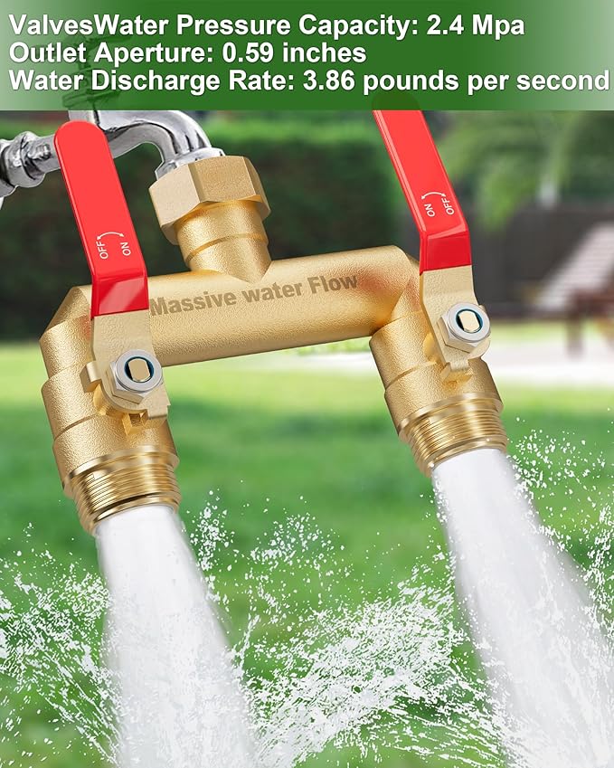 Hose Splitter 2 Way Heavy Duty, Full Flow Garden Hose Splitter with 2 Long Metal Handles, Brass Rust and Freeze Resistant Water Hose Bib Splitter, T Adapter Connector with 3/4 - Inch GHT Thread(Red)