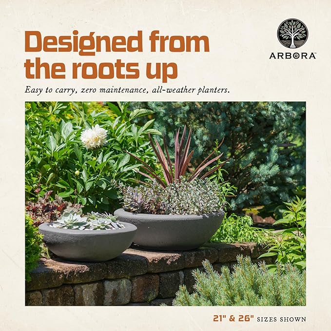 ARBORA 21" Santorini Bowl 2-Pack with Stone Blend Concrete Gray Finish - Polyresin Indoor and Outdoor Planters, Durable, Weatherproof, Lightweight, Large Plant Pots for Patio, Garden, Deck, Entryway