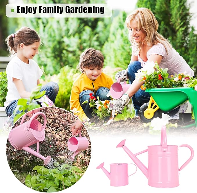 Metal Watering Can (1 Gallon) for Outdoor&Indoor Plants with Free Small Watering can for Kids, Plant Watering Can with Removable spout, Perfect for Garden Flower, Houseplants, Pink