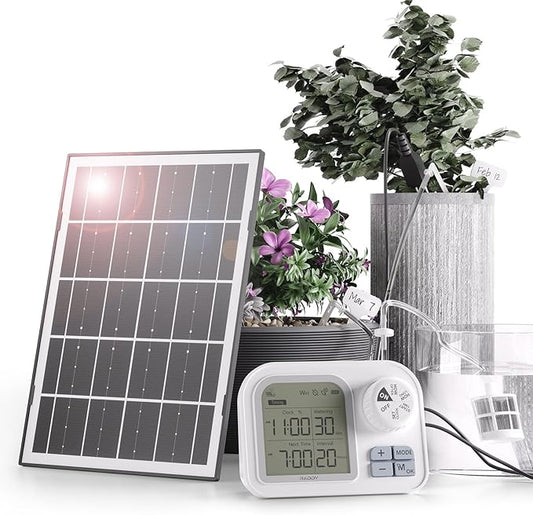 Raddy WS-7 Solar Drip Irrigation Kit with IPX7 Waterproof, Auto Watering System for 15 Potted Plants, with Auto-Soil Humidity Detection, 2600mAh Battery, Large Display for Indoor Outdoor Balcony