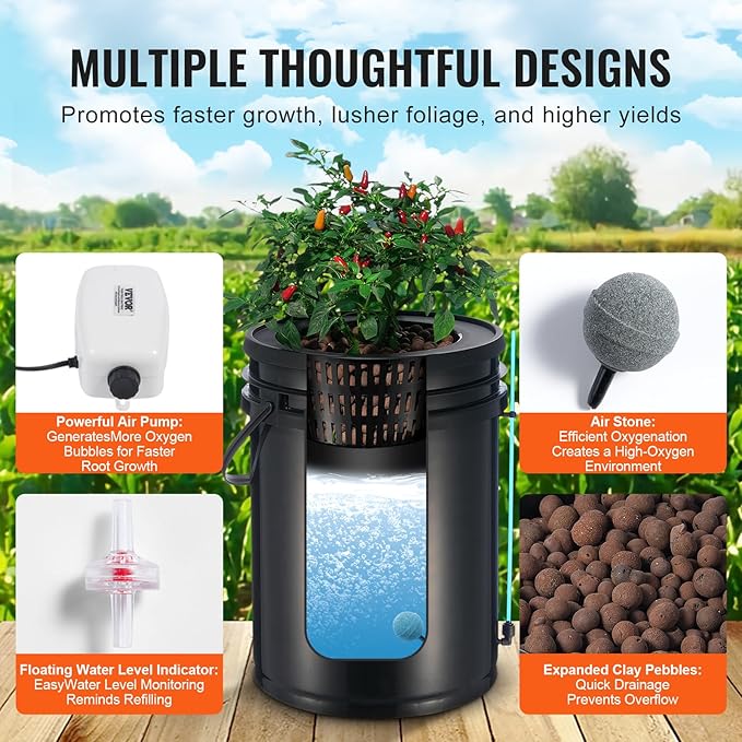 VEVOR DWC Hydroponics Grow System, Hydroponic Growing System with Top Drip Kit, 5-Gallon Deep Water Culture with Air Pump, Air Stone and Water Level Device for Leafy Vegetables(1 Bucket+Top Drip Kit)