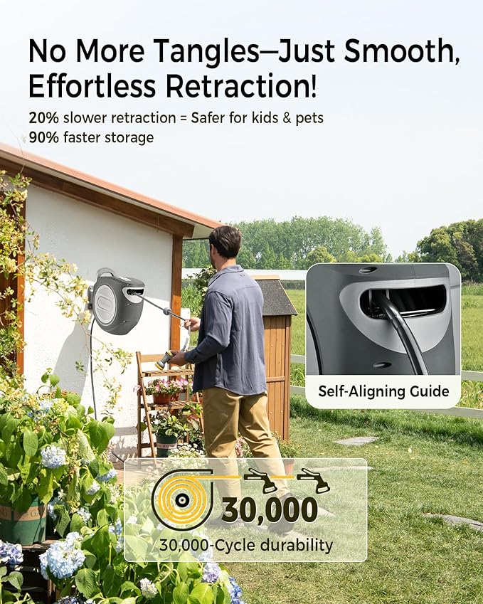 GLAHODEN Retractable Garden Hose Reel 5/8 in x 100 ft Metal Bracket, 2025 Upgraded Dual Ratchet Lock UV & Freeze Protection Brass Seal Slow Retraction Anti-Tangle Hose 180°Swivel