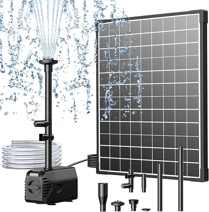 Biling 25W Solar Fountain Pump, Solar Pond Pump equipped filtration and anti-dry Protection, Solar Pond Fountain with PVC Tubing Various Nozzles Accessories for Water Garden & Pond Pumps