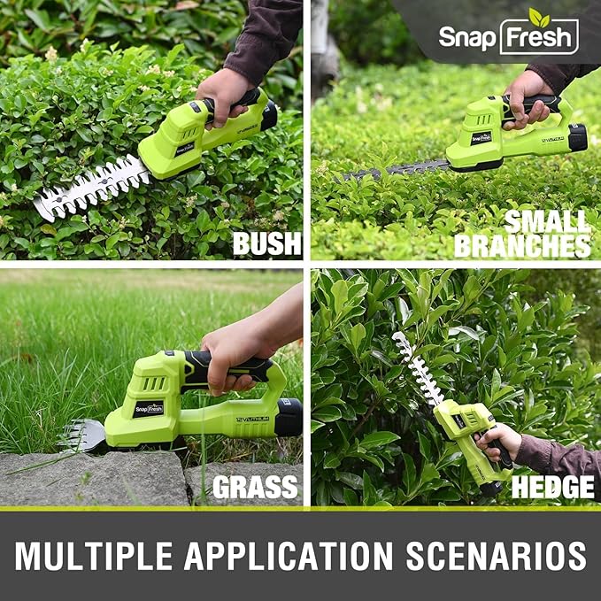 SnapFresh 12V Cordless Grass Shears & Hedge Trimmer, 2 in 1 Handheld Bush Trimmer & Grass Cutter with 2.0Ah Battery & Charger Included, Lightweight Electric Shrubbery Trimmer for Garden & Lawn