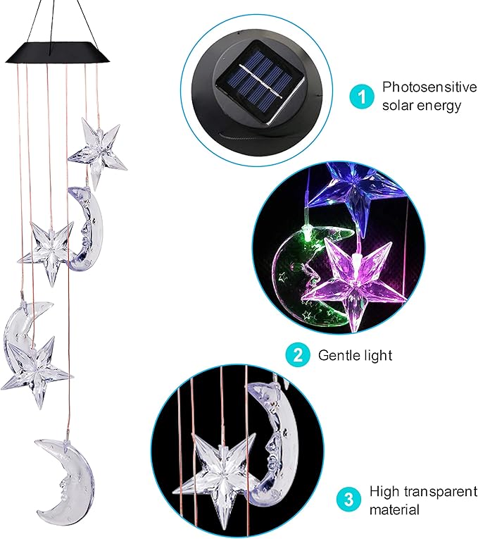 Solar Power Stars and Moon LED Wind Chimes Outdoor Decor, Waterproof Mobile Color Changing Wind Chimes, Star Moon Solar Light Xmas, Gifts for Mom, Home, Patio, Yard, Party, Festival, Garden Decoration