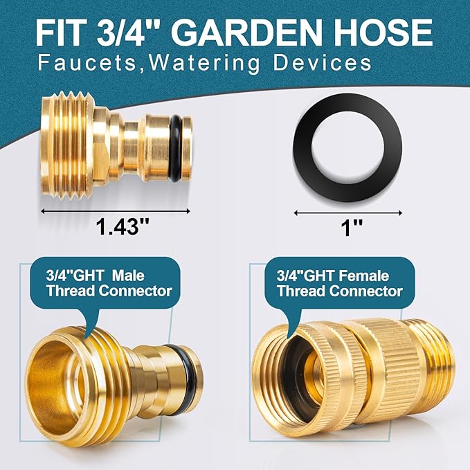 Garden Hose Quick Connect, Brass Hose Quick Connect fittinging, 3/4 Inch Heavy Duty Hose Connector, Leak-Proof, Easy to Install, Compatible with Standard Garden Hoses (2 Pack)