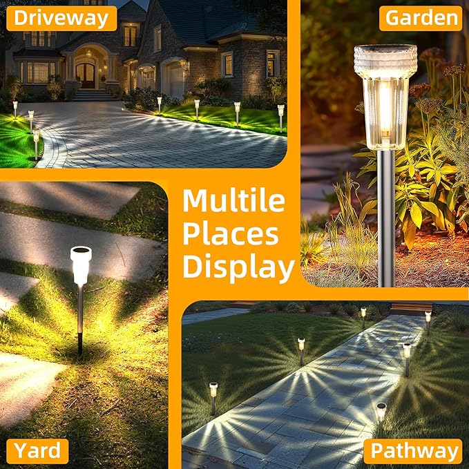 DERAYSION Solar Lights Outdoor, 8 Pack Solar Pathway Lights Waterproof Garden Lighting,Stainless Steel Pole Auto Dusk-to-Dawn Starburst for Path, Yard, Walkway, Driveway, Landscape(2700K Warm White)