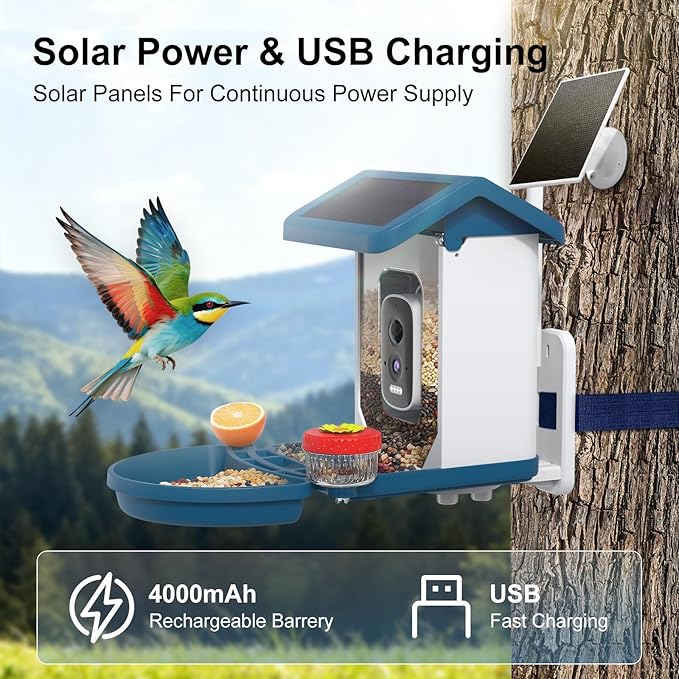 Smart Bird Feeder with Camera Solar Powered, 4K HD Video Bird House, AI Bird Species Identification, Live Stream & Night Vision, Auto-Capture & Notify, Weatherproof Design, Ideal Gifts for Lover