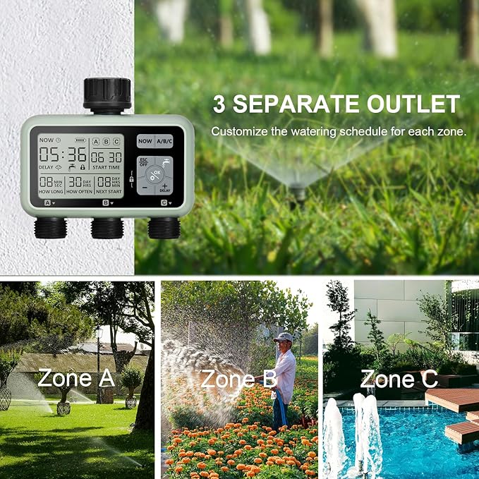 Sprinkler Timer,Auto&Manual Mode, Rain Delay Mode Water for Garden Hose Outdoor IPX5 Waterproof Irrigation Timer 3 Zone for Yard, Lawns and Pool