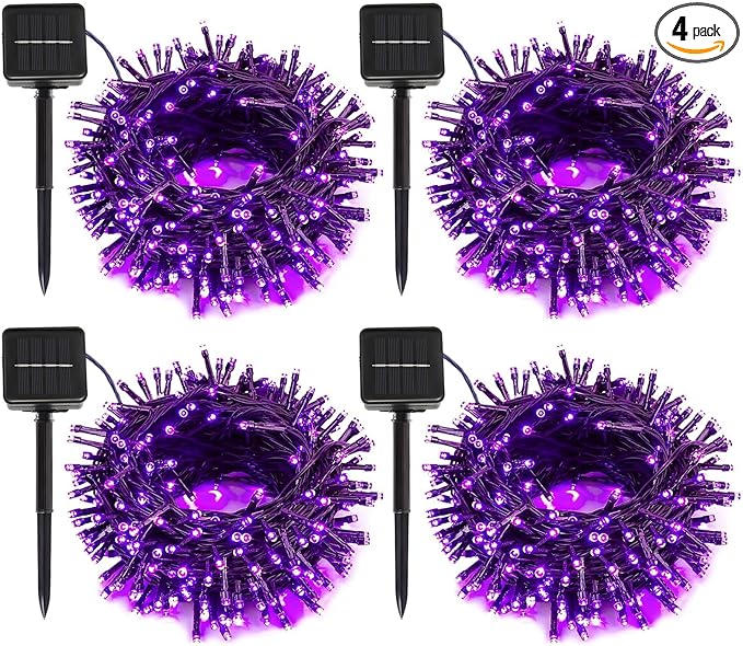 4 Pack Solar String Lights Outdoor, 400 LED Extra-Long 156 FT Solar Lights Outdoor with 8 Lighting Modes, IP65 Waterproof for Halloween, Garedn, Xmas, Balcony, Wedding, Party (Purple)