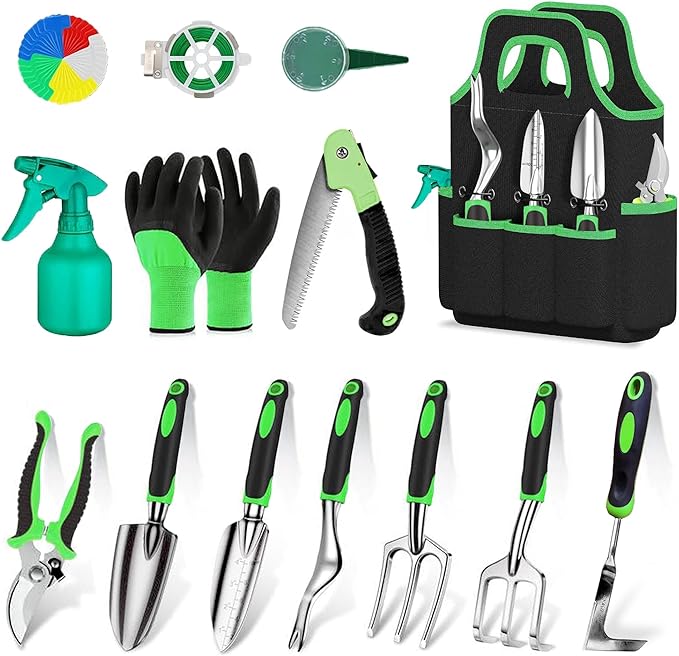 WNJ Garden Tool Set, 14PCS Complete Set of Heavy-Duty Stainless Steel Gardening Hand Tools with Stylish and Durable Tool Bag and Non-Slip Rubber Grips, Ideal Gardening Kit Gift for Women and Men