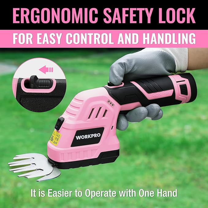 WORKPRO 12V Cordless Grass Shear & Shrubbery Trimmer - 2 in 1 Handheld Hedge Trimmer, Electric Bush Trimmer/Grass Cutter with 2.0Ah Rechargeable Lithium-Ion Battery &1 Hour Fast Charger, Pink Ribbon