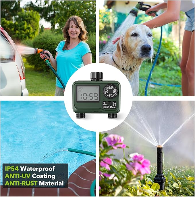 BN-LINK Sprinkler Timer Outdoor - 2 Zone Programmable Water Timer with Rain Delay, Automatic Irrigation System for Lawns & Garden Hoses - Waterproof Manual Controller with Large LCD Display